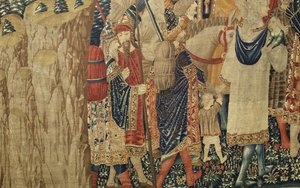 Tapiserie zobrazující dobytí krále Alfonsa V. Portugalska (Conquistas de Alfonso V de Portugal), Tournai. Detail. (Vlna a hedvábí) od Flemish School