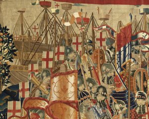 Tapiserie zobrazující dobytí krále Alfonsa V. Portugalska (Conquistas de Alfonso V de Portugal), Tournai. Detail. (Vlna a hedvábí) od Flemish School