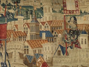 Tapiserie zobrazující dobytí krále Alfonsa V. Portugalska (Conquistas de Alfonso V de Portugal), Tournai. Detail. (Vlna a hedvábí) od Flemish School