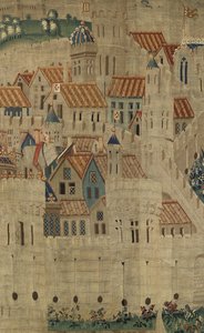 Tapiserie zobrazující dobytí krále Alfonsa V. Portugalska (Conquistas de Alfonso V de Portugal), Tournai. Detail. (Vlna a hedvábí) od Flemish School