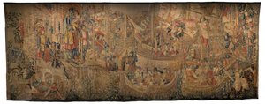 Tapiserie zobrazující dobytí krále Alfonsa V. Portugalska (Conquistas de Alfonso V de Portugal), Tournai. Detail. (Vlna a hedvábí) od Flemish School