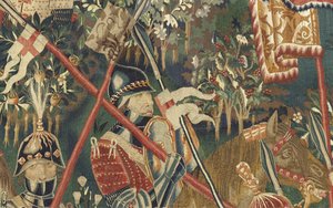 Tapiserie zobrazující dobytí krále Alfonsa V. Portugalska (Conquistas de Alfonso V de Portugal), Tournai. Detail. (Vlna a hedvábí) od Flemish School