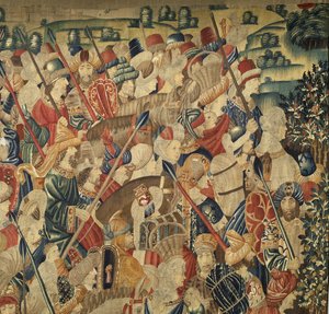 Tapiserie zobrazující dobytí krále Alfonsa V. Portugalska (Conquistas de Alfonso V de Portugal), Tournai. Detail. (Vlna a hedvábí) od Flemish School