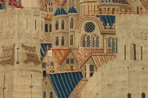 Tapiserie zobrazující dobytí krále Alfonsa V. Portugalska (Conquistas de Alfonso V de Portugal), Tournai. Detail. (Vlna a hedvábí) od Flemish School