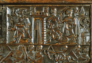 Truhla Courtrai zobrazující vlámské pěšáky porážející francouzskou jízdu (dřevo) (detail)