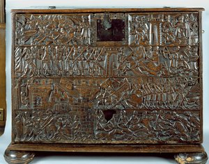 Truhla Courtrai zobrazující scény z bitvy o Zlaté ostruhy bojované v Courtrai v roce 1302 (dřevo)