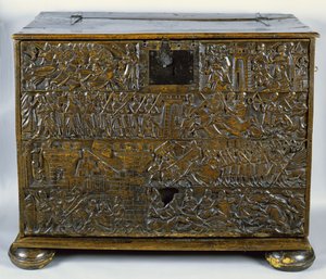 Truhla Courtrai zobrazující scény z bitvy o Zlaté ostruhy bojované v Courtrai v roce 1302 (dřevo)