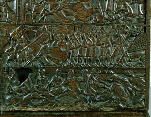 Truhla Courtrai zobrazující vlámskou linii bitvy během bitvy o Zlaté ostruhy, vybojovaná u Courtrai v roce 1302 (dřevo) (detail)