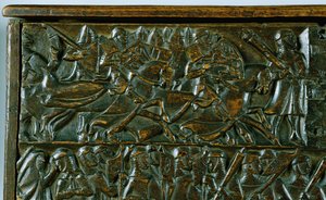Truhla Courtrai zobrazující dvě scény z bitvy o Zlaté ostruhy vybojované v Courtrai v roce 1302 (dřevo) (detail)