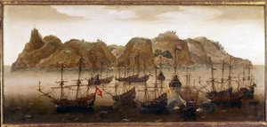 Nizozemská flotila u ostrova Svatá Helena. Olejomalba. 17. století. Námořní muzeum Amsterdam od Flemish School