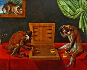 Dvě opice hrající Tric Trac na stole (olej na panelu) od Flemish School