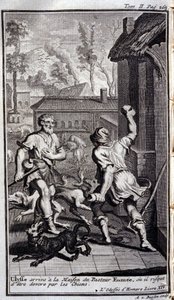 Ulysses dorazí do domu pastora Eumeeho, nebo ho mohou oddat psi. Ilustrace ke knize XIV de l