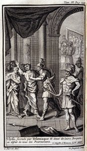 Ulysses druhý od Telemaque a dva jejich pastýři rozpustili všechny pronásledovatele. Lustrace pro XXII knihu Odyssea z Homera, v Odyssee, vydané v Amsterdamu v roce 1731, Collection privee Milan. od Flemish School