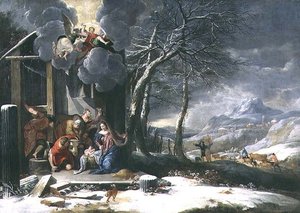Zimní krajina s narozením (olej na plátně) od Flemish School