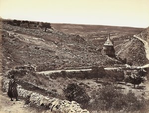 Panoramatický výhled na údolí Cedron nebo Josafat s hrobkou Absaloma na okraji Jeruzaléma. Mas se dívá na pohled z ulice od Félix Bonfils