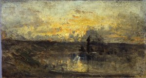 Obratník u řeky (vpředu); tři studie (vzadu), mezi lety 1850 a 1860 (olej na dřevě) od Félix Ziem