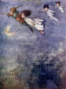Petr a děti letí nocí (barevná litografie) od Flora White