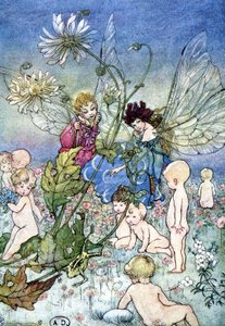 Žena-vážka (víla) a elf obklopený dětmi - v „My Fairyland““ od Fiony Malcom, nemocné. Florence Andersonová od Florence Anderson