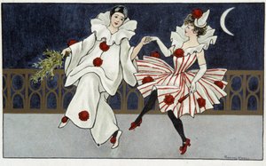 Pierrot a Colombine tančící v měsíčním světle - dess. od Florence Hardy, deb. 20. století