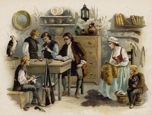 Scéna ze švýcarské rodiny Robinson: Otec čte rodině ve Skalním hradu (chromolitho) od Florence Maplestone