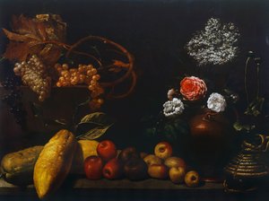 Zátiší s džbánem mědi, růží, hroznů, bezových květů, citrusů a jablek, od neznámého umělce z Florencie, Itálie od Florentine School