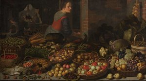 Zátiší s ovocem a zeleninou, s Kristem v Emauzích v pozadí od Floris Gerritsz van Schooten