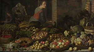 Zátiší s ovocem a zeleninou, s Kristem v Emauzích v pozadí, c. 1630