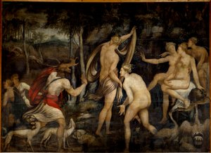 Diane (Artemis), bohyně lovu, a Acteon, lovec Obraz školy ve Fontainebleau (16. století). Rozměr 2,65 x 3,67 m