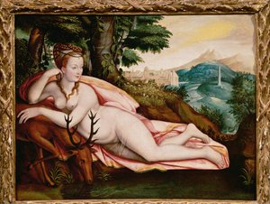 Diana z Poitiers, milenka francouzského krále Jindřicha II., jako bohyně Diana (malba na plátně)