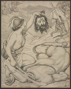 David a Goliath, Cartoon for Stained Glass Window na Jesus College, Cambridge, 1872. od Ford Madox Brown