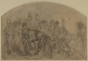 První hrubý náčrt „práce“ (kompoziční náčrt figur) od Ford Madox Brown