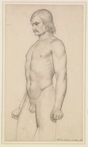 Mužský akt - akademická studie, tříčtvrteční akt, s knírem a zaťatými pěstmi od Ford Madox Brown