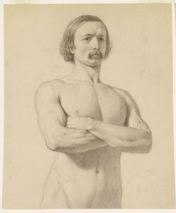 Mužský akt - Akademický akt Studie, v polovině délky s knírem a složenýma rukama od Ford Madox Brown