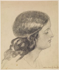 Oure Ladye sobotní noci - Studie hlavy anděla držícího misku s vodou od Ford Madox Brown
