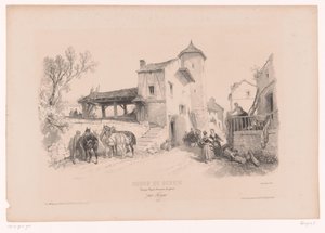 Vesnická ulice s koňmi a různými postavami Kurz kreslení se studiemi krajiny, zvířat a detailů (název série) Samozřejmě design. Paysages, figurky, animaux, doplňky, od Férogia (název série na objektu)