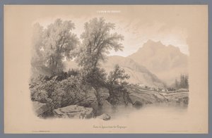 Vojenský průvod se pohybuje horskou krajinou Studie postav v krajině (název série) Album Ferogio. Etudes de Figures dans les Paysages (název série na objektu) od Fortuné Ferogio