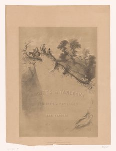 Titulní tisk se skalní krajinou a cestovateli podél soutěsky Krajinářské a figurální studie od Férogia (název série) Projets de tableaux de figure et paysages, par Férogio (název série na objektu)