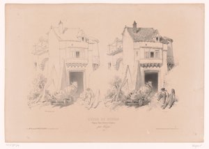 Řidič kamionu s koněm a kočárem odpočívá u brány Kurz kreslení se studiemi krajiny, zvířat a detailů (název série) Samozřejmě design. Paysages, figurky, animaux, doplňky, od Férogia (název série na objektu)