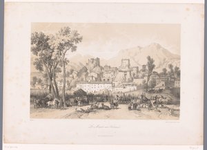 Pohled na vesnici s trhem se zvířaty v údolí Le Marché aux Bestiaux (název na objektu) od Fortuné Ferogio