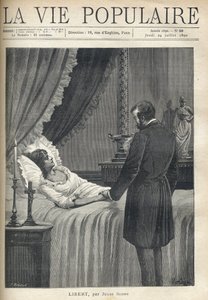 Muž přemožený smutkem, stojící u postele, drží za ruku svou půvabnou mrtvou ženu. Na nočním stolku svíčky a krucifix. Na překladu krbu pohár a socha ženy v antickém kostýmu. Illustrati od Fortune Louis Meaulle