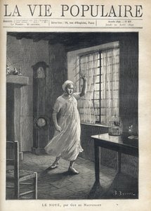 Žena v košili a noční čepici, s tváří plnou strachu, smutnýma očima a zdviženou rukou, se bosa postaví před okno svého domu, přes které je vidět na rohože člunů. Uvnitř hodiny, ptačí klec a malý nábytek. Ilustrace od od Fortune Louis Meaulle