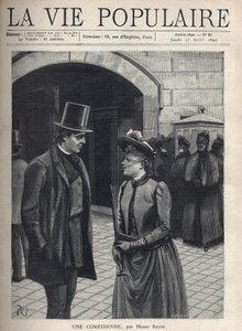 Mladá žena v závojovém klobouku, který jí zakrývá obličej, držící deštník a knihu, mluví s elegantním mladým mužem, oblek a cylindr, ruce v kapsách. Za nimi skupina drsných žen v tmavém plášti a zahalené. Sleduje je žena, která se dívá od Fortune Louis Meaulle