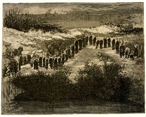 Zarovnání menhirů v Carnacu. Kresba hrobu Victora Huga od Meaulla. Úryvek z Hugova textu (En voyage en Bretagne). od Fortune Louis Meaulle