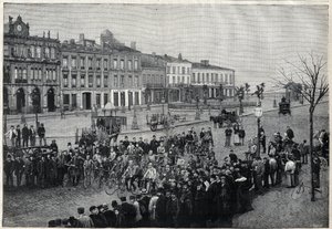 Odjezd z cyklistického závodu Bordeaux-Paris (Bordeaux Paris) v roce 1891 - rytina Meaulla z roku 1891 od Fortune Louis Meaulle