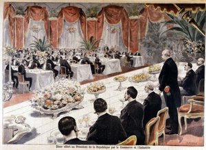 Večeře nabízená prezidentovi republiky Felixovi Faureovi obchodem a průmyslem, „“Le petit journal““ 24. října od Fortune Louis Meaulle