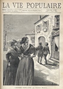 V ulicích vesnice v Provence se dvě hezké ženy v provensálských šatech otočí zpět na ulici, aby se postavily muži, který se sebevědomě otočí k jejich očím. Ilustrace Montegut pro The Popular Man od Frederica Mistrala (1830-1914). Gravírování Fo od Fortune Louis Meaulle