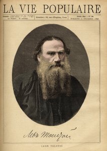 Portrét Leona Tolstého (1828-1910), ruského spisovatele. Ilustrace F. Meaulle. Rytina z roku 1890 v „La vie populaire““. Soukromá sbírka od Fortune Louis Meaulle
