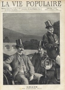 Dva muži v obleku a cylindru v koňském zápřahu, vedeni kočím. Míří podél řeky. Ilustrace pro Chaos od Alexandra Heppa (1857-1924). Rytina od Fortune Meaulle (1844-1901) od Fortune Louis Meaulle