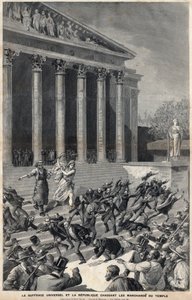 Všeobecné volební právo a republika honí obchodníky z chrámu - alegorie na následky aféry v Panamě - rytina od Meaulle od Henriho Meyera od Fortune Louis Meaulle