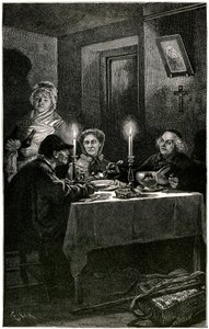 Victor Hugo "Les Miserables" Ilustrace Lixe vyrytá Meaullem: Forcat a Eveque. Jean Valjean, jemuž eveque Myriel nabídne nemocnici, spáchá svůj poslední úlet: stříbrný příbor svého hostitele. Na stole dva stříbrné svícny. od Fortune Louis Meaulle
